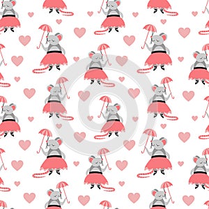 Seamless pattern with cute cartoon girl mouse