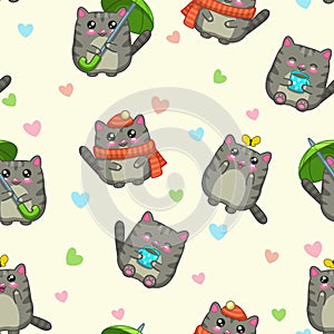 Seamless pattern with cute cartoon grey cats