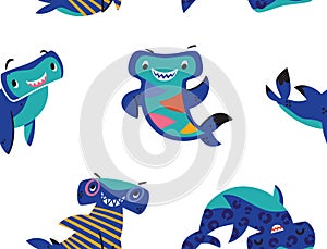 Seamless pattern with cute cartoon hammerhead sharks. Vector illustration