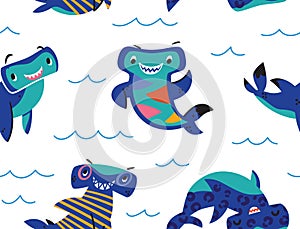 Seamless pattern with cute cartoon hammerhead sharks. Vector illustration