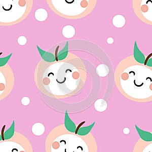 Seamless pattern with cute cartoon kawai peaches, fabric prints, textiles, gift wrapping paper