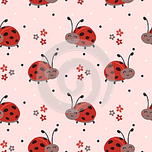 Seamless pattern with cute cartoon ladybug, flower and polka dot on pink background