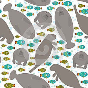 Seamless pattern Cute cartoon manatee and fish on white background. Vector