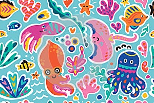 Seamless pattern with cute cartoon marine creatures. Flat simple style vector background