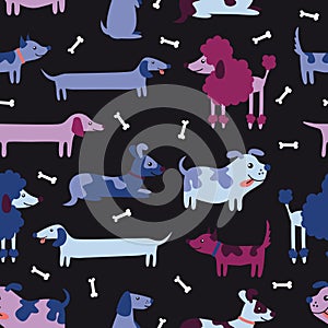 Seamless pattern with cute cartoon multicolored dogs