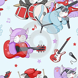 Seamless pattern with cute cartoon musican kittens on blue background