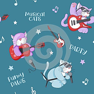 Seamless pattern with cute cartoon musican kittens on blue background