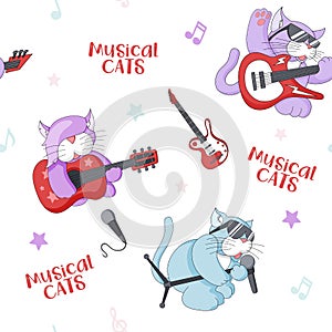 Seamless pattern with cute cartoon musican kittens on white background
