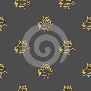 Seamless pattern with cute cartoon owls on dark background. Funny doodle vector wallpaper. Line art animals print.