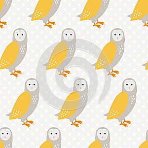 Seamless pattern with cute cartoon owls on grey dotted background.