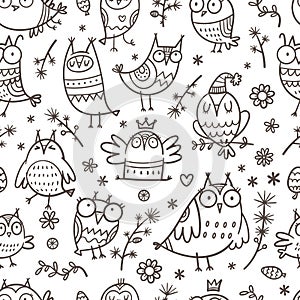 Seamless pattern with cute cartoon owls and plants on white background. Funny doodle vector wallpaper. Line art animals print.