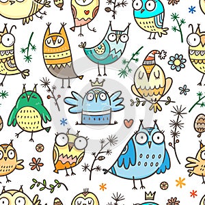 Seamless pattern with cute cartoon owls and plants on white background. Funny doodle vector wallpaper. Line art animals print.