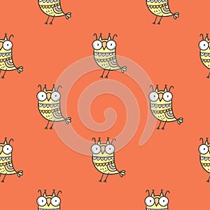 Seamless pattern with cute cartoon owls on red background. Funny doodle vector wallpaper. Line art animals print.