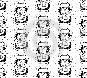 Seamless pattern cute cartoon penguin in winter hat holding gift. Winter background on Christmas and New year theme