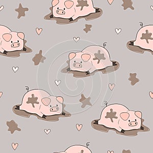 Seamless pattern with cute cartoon pigs in mud