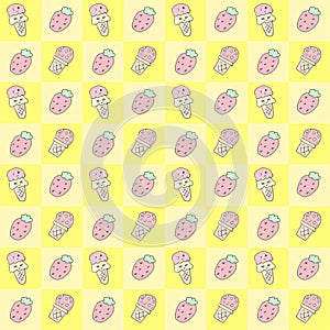 Seamless pattern. Cute cartoon pink Ice-cream and  strawberry on yellow square background. Illustration abstract art design