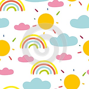 Seamless pattern with cute cartoon rainbow, sun and clouds for fabric print, textile, gift wrapping paper. colorful vector