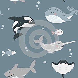Seamless pattern with cute cartoon sea animal on dark blue background. Killer whale, narwhal, shark, stingray. Design