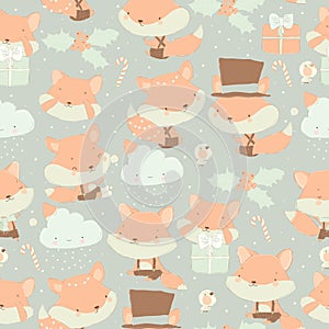 Seamless Pattern with Cute Cartoon Set of Foxes with Christmas Elements