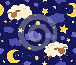 Seamless Pattern of Cute Cartoon Sheep Characters Sleeping at Night Concept Background