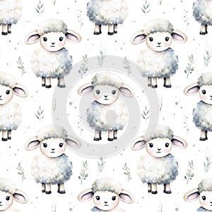 Seamless pattern with cute cartoon sheeps isolated on white background. Watercolor illustration