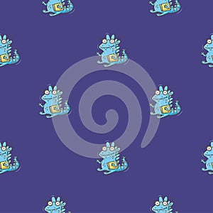 Seamless pattern with  cute cartoon smart dragon on purple background. Funny birds print. Reading reptile poster. Vector doodle.