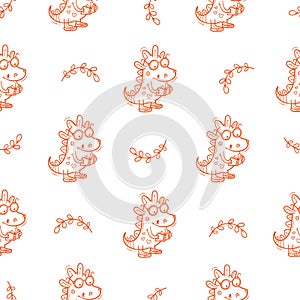 Seamless pattern with  cute cartoon smart dragon on white background. Funny crocodile print. Reading reptile poster.