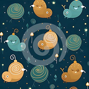 Seamless pattern with cute cartoon snail on dark background. Vector illustration