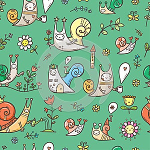 Seamless pattern with cute cartoon snails on green background. Funny animals and plants wallpaper. Doodle floral print.