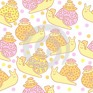 Seamless pattern with cute cartoon snails and their houses on white background.