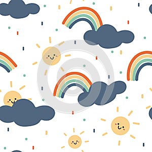 Seamless pattern with cute cartoon sun, clouds and rainbow for fabric print, textile, gift wrapping paper. colorful vector