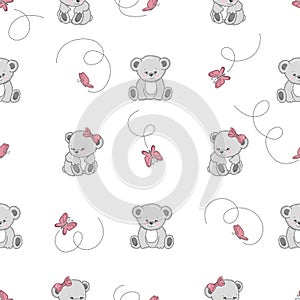 Seamless pattern with cute cartoon Teddy bears and butterflies.