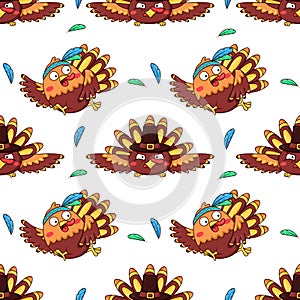 Seamless pattern with cute cartoon turkeys wearing a pilgrim hat and Indian headband with feathers runs and flies