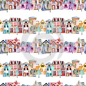 Seamless pattern with cute cartoon watercolor english houses in a row and trees