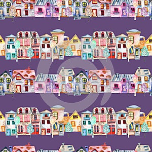 Seamless pattern with cute cartoon watercolor english houses in a row and trees
