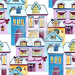 Seamless pattern with cute cartoon watercolor english houses in a row and trees, hand painted