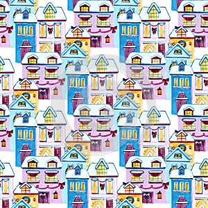 Seamless pattern with cute cartoon watercolor english houses in a row and trees, hand painted