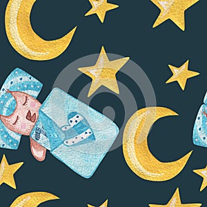 Seamless pattern with cute cartoon watercolor sleeping owl with night sky