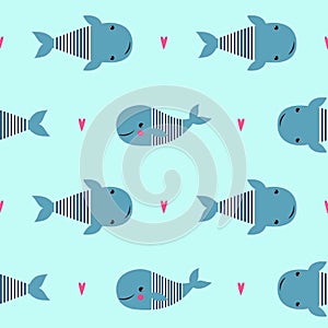 Seamless pattern with cute cartoon whales on mint green background.