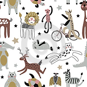 Seamless pattern. Cute cartoon. Wild animals. White background.