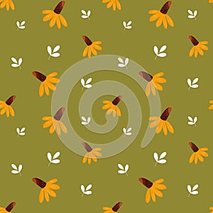 Seamless pattern, cute cartoon yellow daisies and white small leaves on a green background. Print, floral background, textile