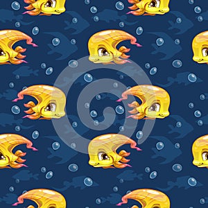 Seamless pattern with cute cartoon yellow fish