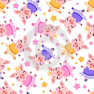 Seamless pattern of cute cartoons girls pigs photo