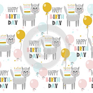 Seamless pattern with cute cat,cake, balloons and lettering Happy Birthday. Vector illustration