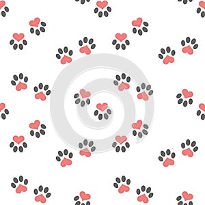 Seamless pattern, cute cat or dog paw prints with hearts on a white background. Children\'s background, print