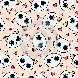 Seamless pattern with cute cat faces and hearts