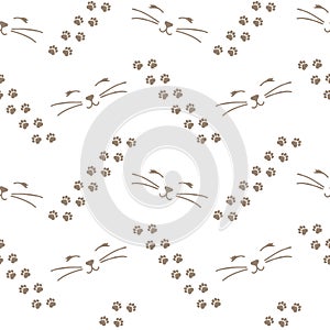 Seamless pattern, cute cat faces and paw prints on a white background. Print for children, textile