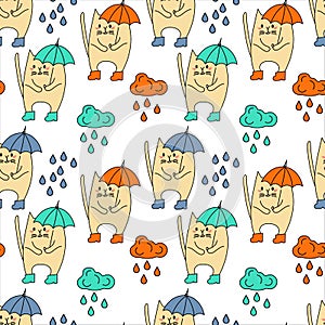 Seamless pattern with Cute cat with umbrella, boots and rain clouds on white background . Pets. Vector illustration