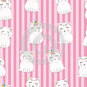 Seamless pattern cute cat with unicorn horn and flower crown