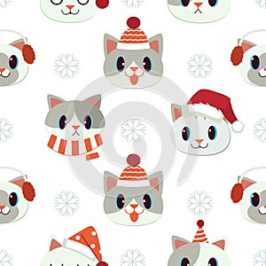The seamless pattern of cute cat with winter accessories in flat vector style.